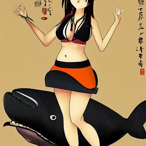 Image similar to a woman in a bikini top and skirt standing next to a whale, a character portrait by Jin Homura, featured on pixiv, mingei, booru, official art, pixiv