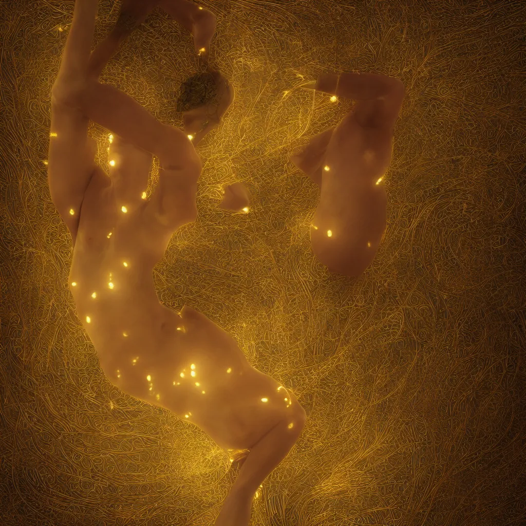 Image similar to radiant human body with thin golden lines, sparks and white cloth, Art Nouveau, Alphonse Mucha, cinematic realistic photo, octane render