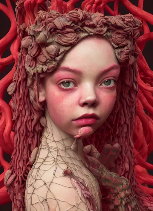 Image similar to hyper detailed 3d render like a Oil painting - very coherent Concrete displacement mapped profile subsurface scattering (a beautiful fae princess protective playful expressive from dark crystal that looks like Anya Taylor-Joy) seen red carpet photoshoot in UVIVF posing in caustic pattern pool to Eat of the Strangling network of yellowcake aerochrome and milky Fruit and His delicate Hands hold of gossamer polyp blossoms bring iridescent fungal flowers whose spores black the foolish stars by Jacek Yerka, Ilya Kuvshinov, Mariusz Lewandowski, Houdini algorithmic generative render, golen ratio, Abstract brush strokes, Masterpiece, Victor Nizovtsev and James Gilleard, Zdzislaw Beksinski, Tom Whalen, Mark Ryden, Wolfgang Lettl, hints of Yayoi Kasuma and Dr. Seuss, Grant Wood, octane render, 8k