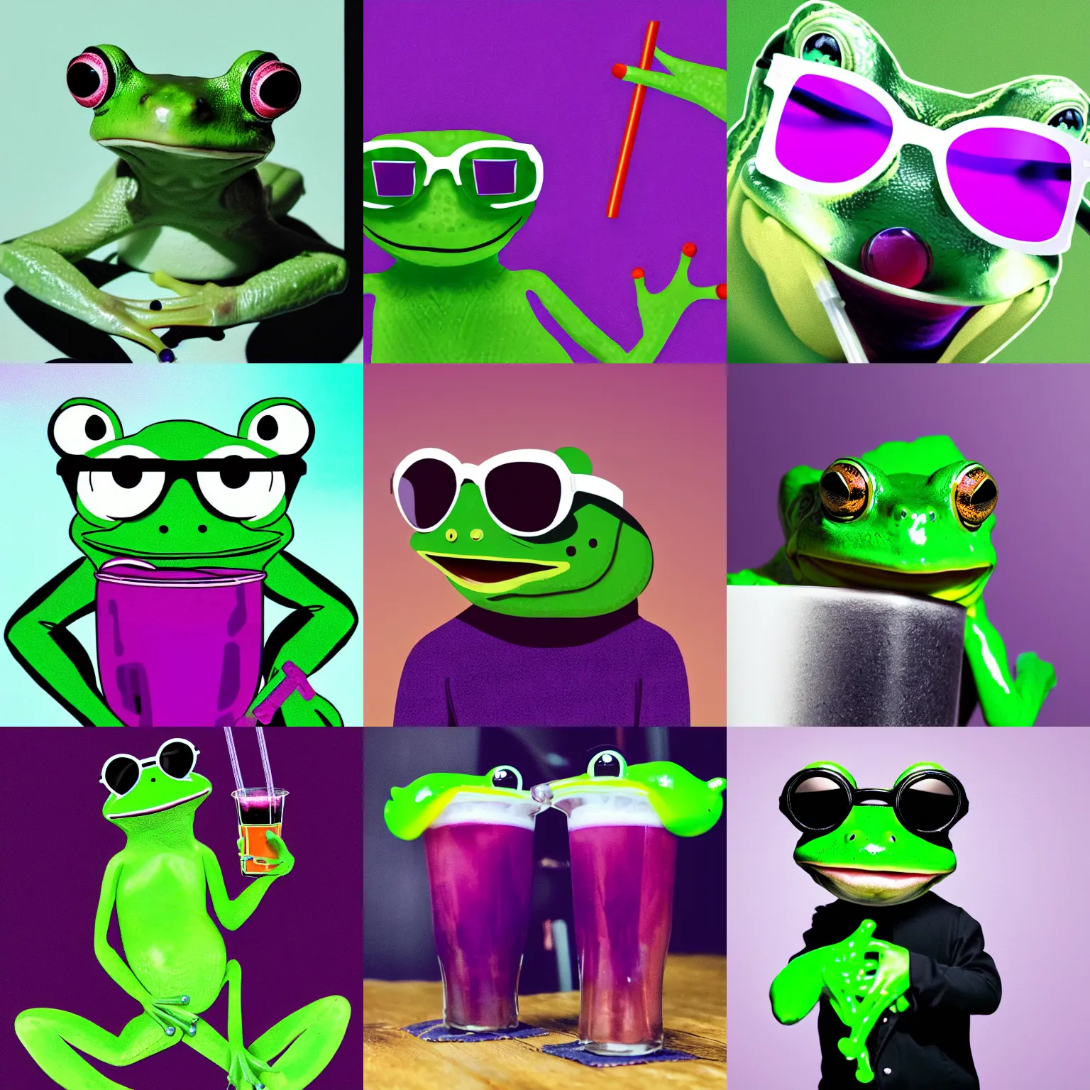 Prompt: an HD photo of a cute green frog wearing a black leather jacket with white-rimmed sunglasses while sipping on a purple grape juice box through a little white bendy straw