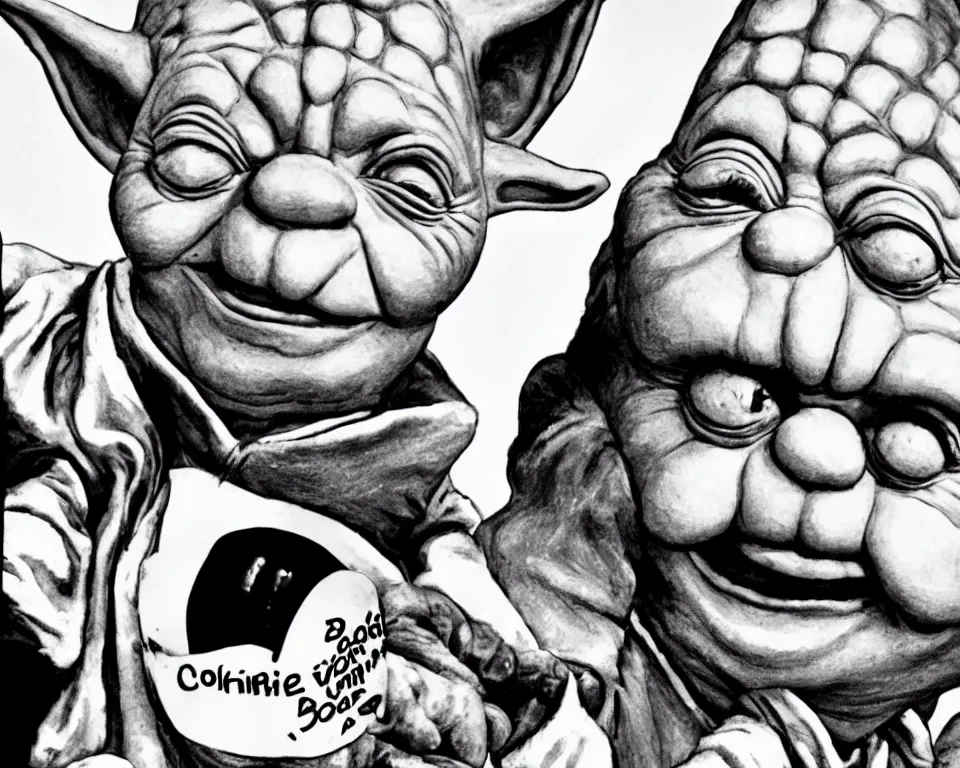 Image similar to yoda hosts a cookin show with an ugly clown, black and white