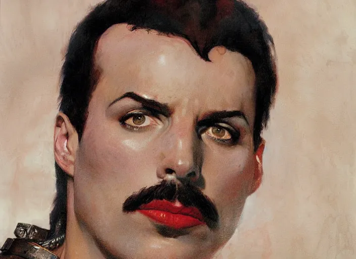 Image similar to a highly detailed beautiful portrait of freddie mercury as kratos, by gregory manchess, james gurney, james jean