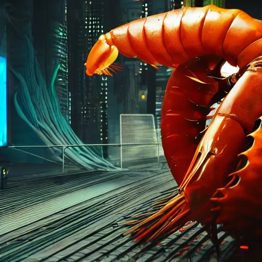 Image similar to a cyberpunk shrimp god villain, studio, studio background, sharp focus, dynamic lights, still, photograph, hyper realistic, masterpiece, digital, octane render, rendered, 3 d, blender, 3 d software, cinematic, cinematic lighting, dramatic lighting, dramatic