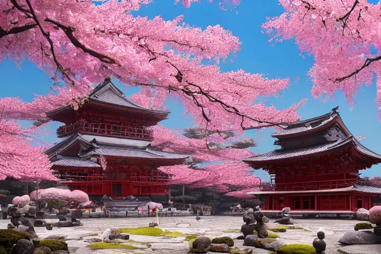 Image similar to hyperdetailed ancient japanese temple in the infinite flowerpunk sakura tree, cinematic highly detailed artstation hyperstylized illustrated by moebius and yoshitaka amano