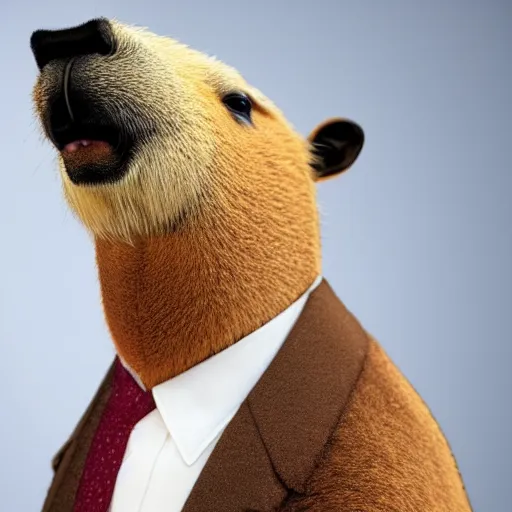 Image similar to an antropomorphic capybara wearing a suit