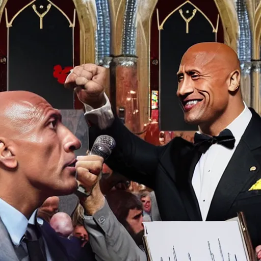 Image similar to dwayne johnson fighting against recep tayyip erdoğan in a church of hell