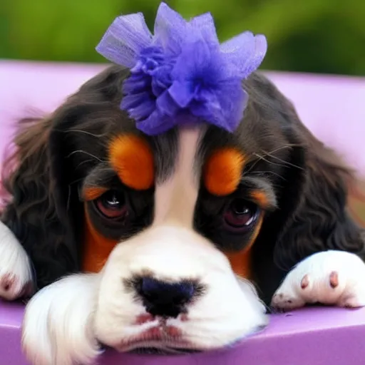 Prompt: a cavalier King Charles puppy with a blueberry on its nose