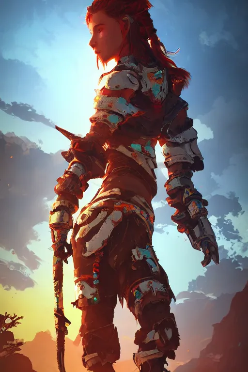 Image similar to combination suit armor aloy horizon forbidden west horizon zero dawn radiating a glowing aura global illumination ray tracing hdr fanart arstation by ian pesty and alena aenami artworks in 4 k tribal robot ninja mask helmet backpack