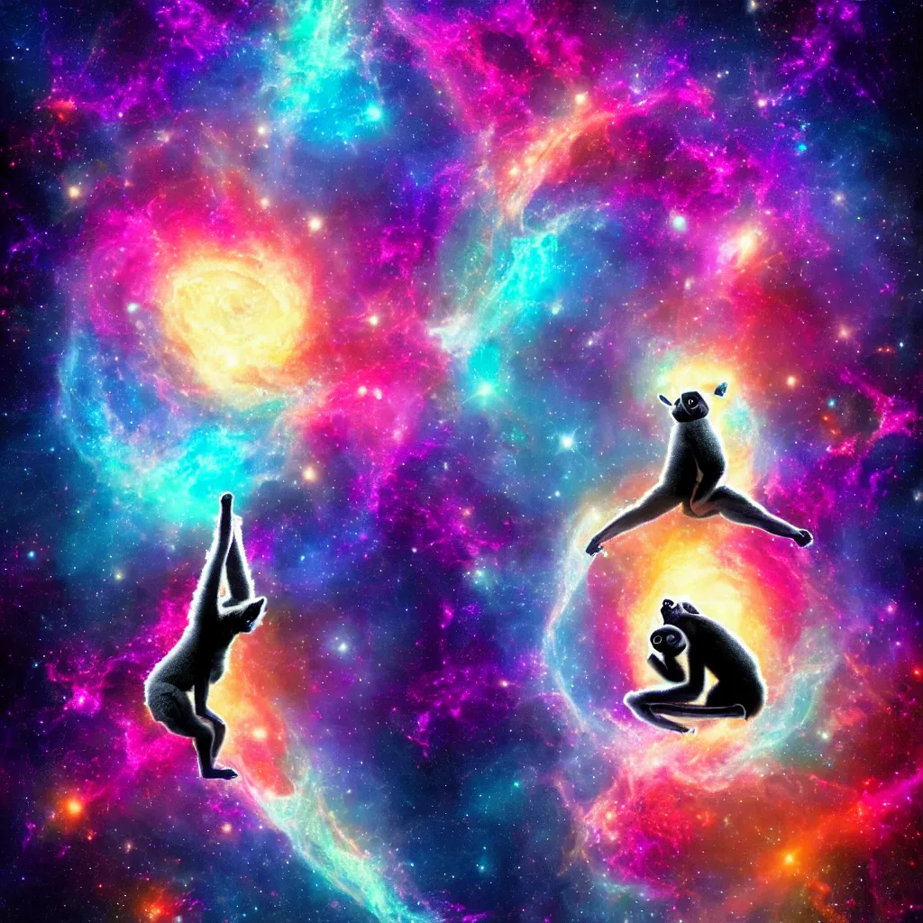 Prompt: abstract Lemur in inspiring yoga pose in cosmic space with nebula and stars, breathtaking digital art, award winning