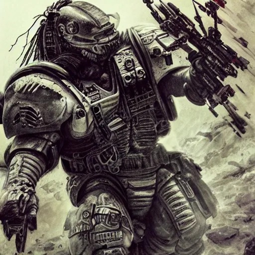 Prompt: The Predator fighting a Space Marine, intense combat, high detail, desolate landscape, Jung Gi Kim style, trending, masterpiece, high resolution, hand to hand combat