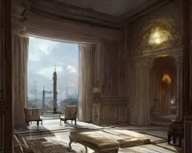 Prompt: a luxury hotel! suite room in the style of roman empire architecture, art by greg rutkowski and artgerma, stunning! concept art, interior! design