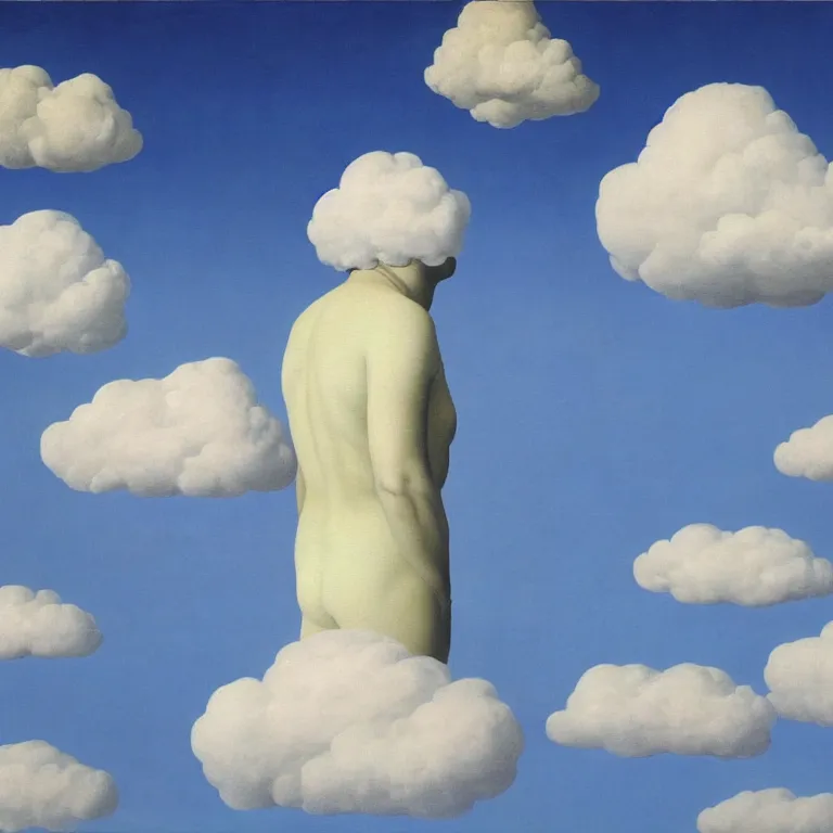 Image similar to cloud - man, by rene magritte, centered, detailed painting, hd, hq, high resolution, high detail, 4 k, 8 k