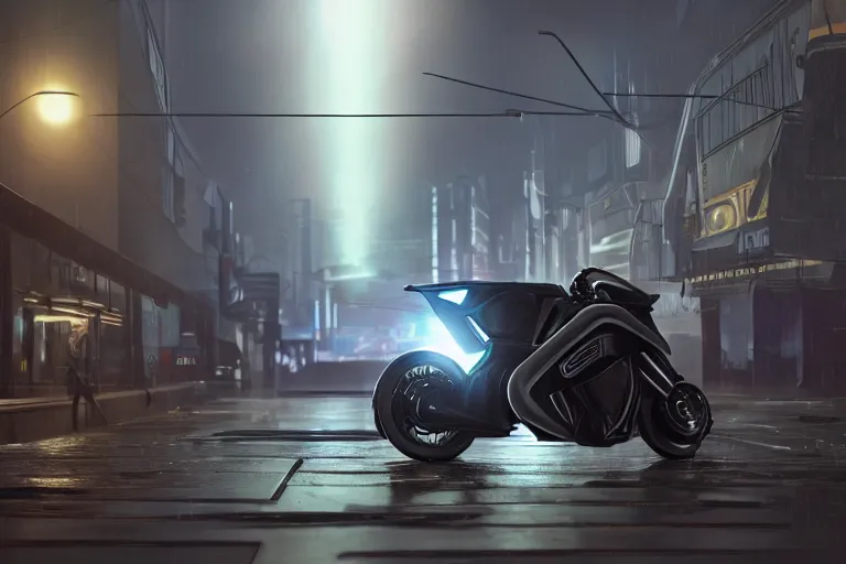 Prompt: off angle beautiful Product shot of a halo Mass effect futuristic modern motorcycle on a wet street at night in cyperpunk city, hard surface modeling, blade runner, octane, Ian Callum, Giorgetto Giugiaro, Leonardo Fioravanti , low polygon, chrome, trending on artstation, unreal, redshift, 3d model, 8k
