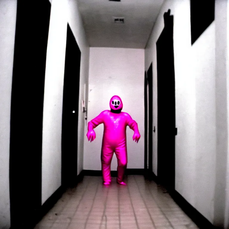 Image similar to a nightmare where a man in a pink morphsuit chases you down a black & white dark hallway, horror, creepy, 3 5 mm, film shot, found footage, scary