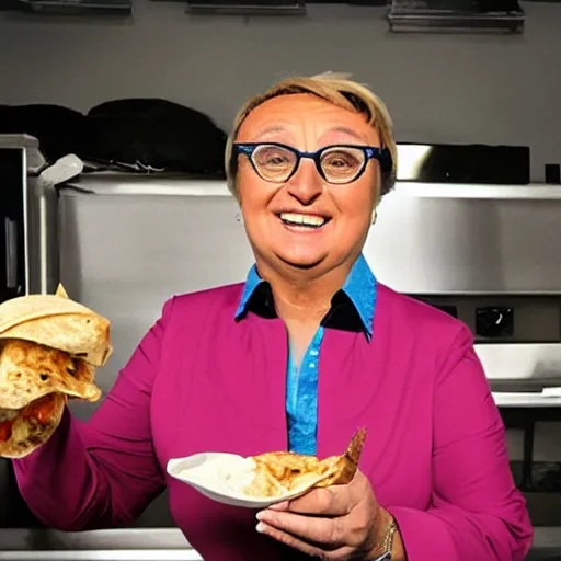 Prompt: lidia bastianich skydiving while eating a burrito