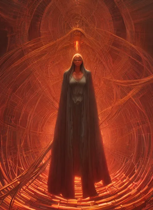 Image similar to Wanda Maximoff, dynamic pose, glowing, wires everywhere, by Edgar Maxence and Ross Tran, Zdzisław Beksiński, and Michael Whelan, distant, gustav dore, H.R. Giger, 8k, octane render