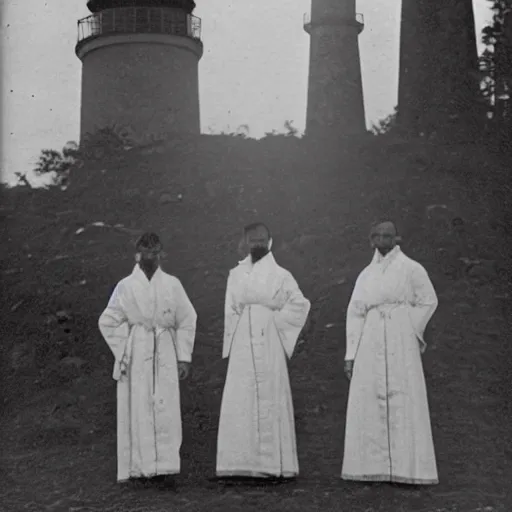 Image similar to worshippers dressed in robes belonging to the cult of the lighthouse. Dilapidated 1800s lighthouse. Unnaturally tall lighthouse. Beacons of light. 1800s photo.