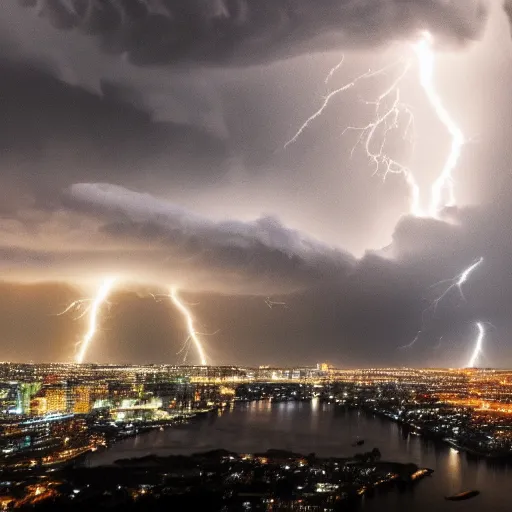 Prompt: hyperrealistic thunderstorm over a glowing city at night, 4 k realistic detailed, 8 k