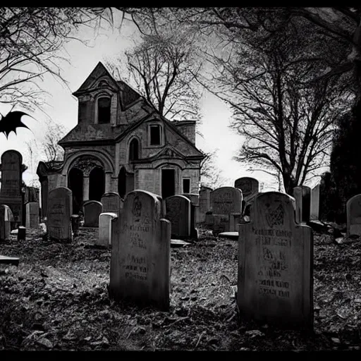 Prompt: movie scene, graveyard tombstones, haunted mansion, bats, halloween scene, scary, zombie's, high detail, film scene, dark, windy