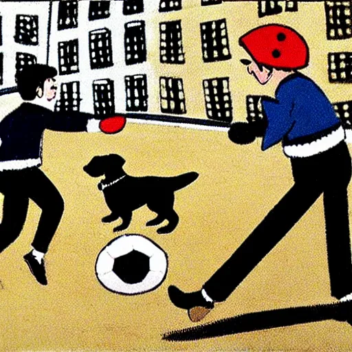 Image similar to book illustration of a french boy on the streets of paris playing football against a corgi, the dog is wearing a polka dot scarf, 1 9 6 6