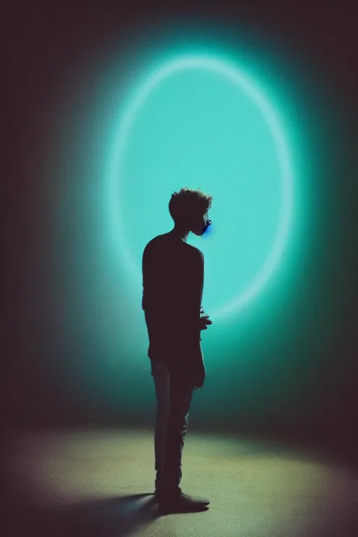 Image similar to kodak ultramax 4 0 0 photograph of a skinny guy looking into a bright otherworldly swirling glowing portal, back view, vaporwave colors, grain, moody lighting, moody aesthetic,