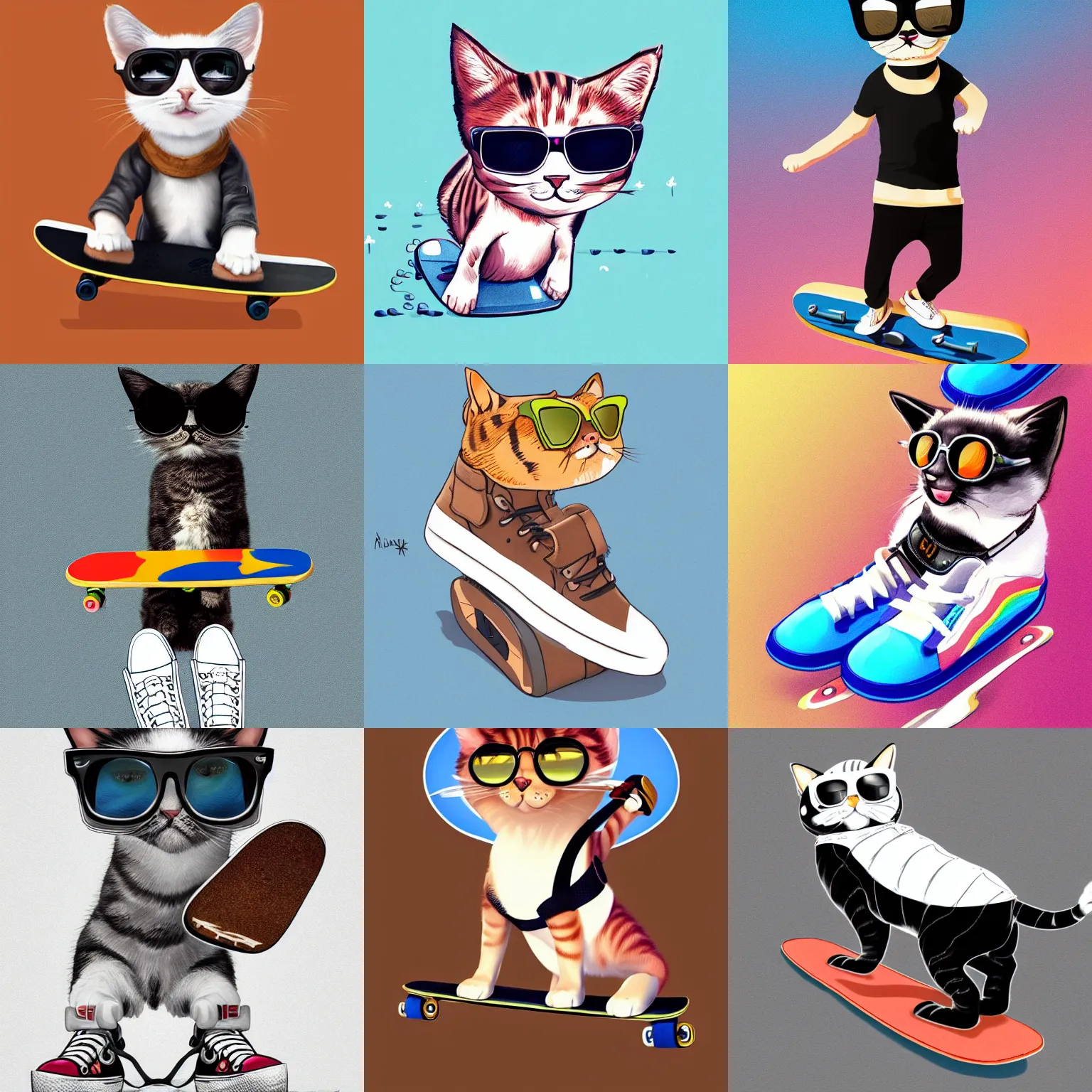 Prompt: cute and funny, a cat standing on its back legs, wearing high top sneakers and sunglasses, riding a skateboard, digital illustration, highly detailed, hyper realistic, trending at artstation, award winning