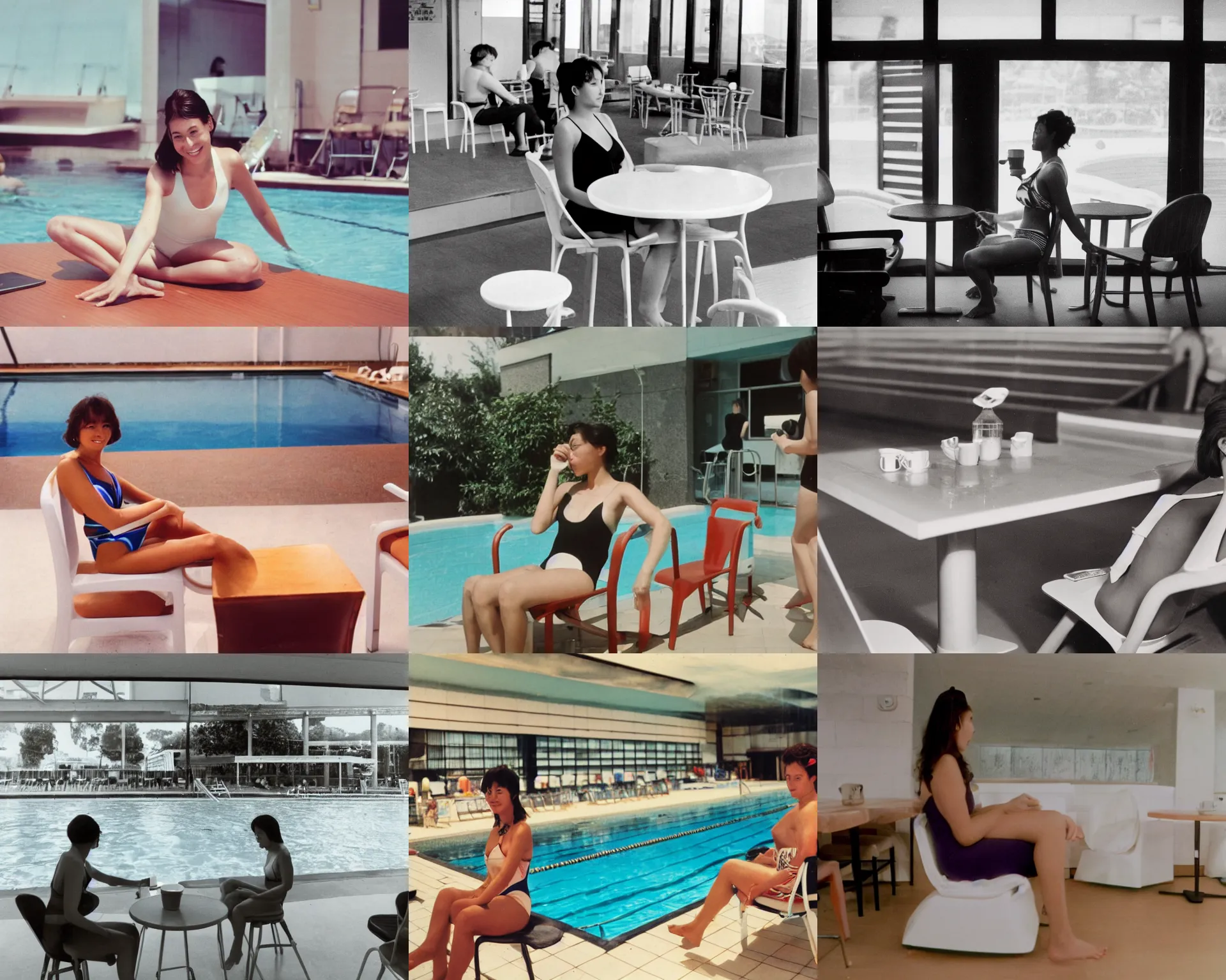 Prompt: home video footage, a woman in a swimsuit sits on a white chair in a cafe lounge at a public swimming pool facility in japan ; coffee is on the table. ; daylight, summer, color vhs picture quality