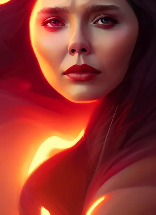 Image similar to portrait of modern darna, elizabeth olsen, intricate, elegant, glowing lights, highly detailed, digital painting, artstation, glamor pose, concept art, smooth, sharp focus, illustration, art by wlop, mars ravelo and greg rutkowski