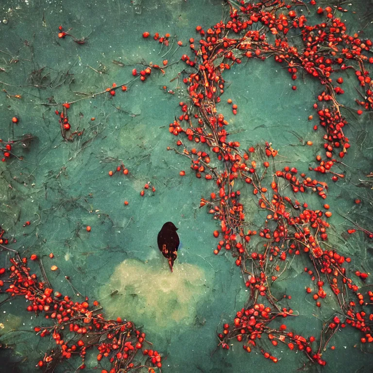 Image similar to human with the sea and the forest inside, veins diverge through the body like rivers filmed on a satellite, a person is decorated with wild berries, a beautiful bird is looking at him next, colorful picture