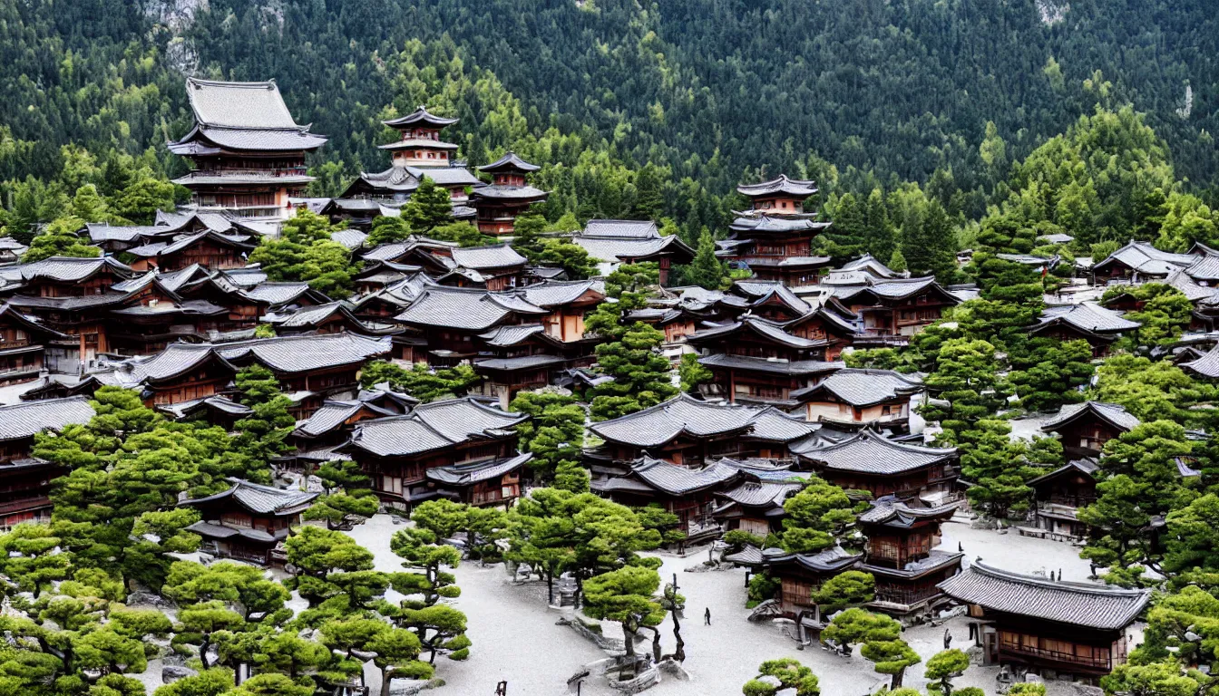 Prompt: ancient japanese town in the dolomites mountains, pagodas