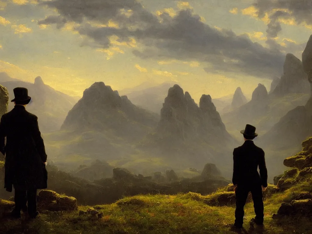 Prompt: romantic painting, wide shot of a lone gentleman in 1 9 th century clothing ( watching an enormous television screen playing a football game )!!!!!! in front of a mountain scene at sunrise, highly detailed, sublime, hyperrealistic, painted by caspar david friedrich and albert bierstadt, trending on artstation 8 k