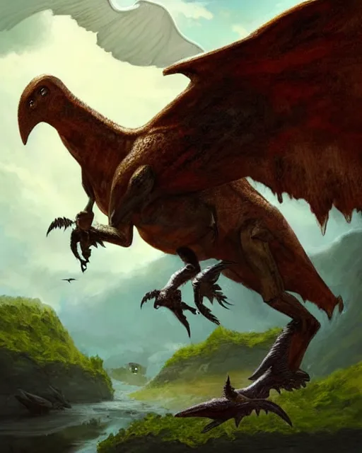 Image similar to ''winged dinosaur, fantasy, mountain landscape, d & d, digital painting, rule of thirds, artstation, deviantart, concept art, illustration, art by dragolisco and anne stokes and nico niemi''