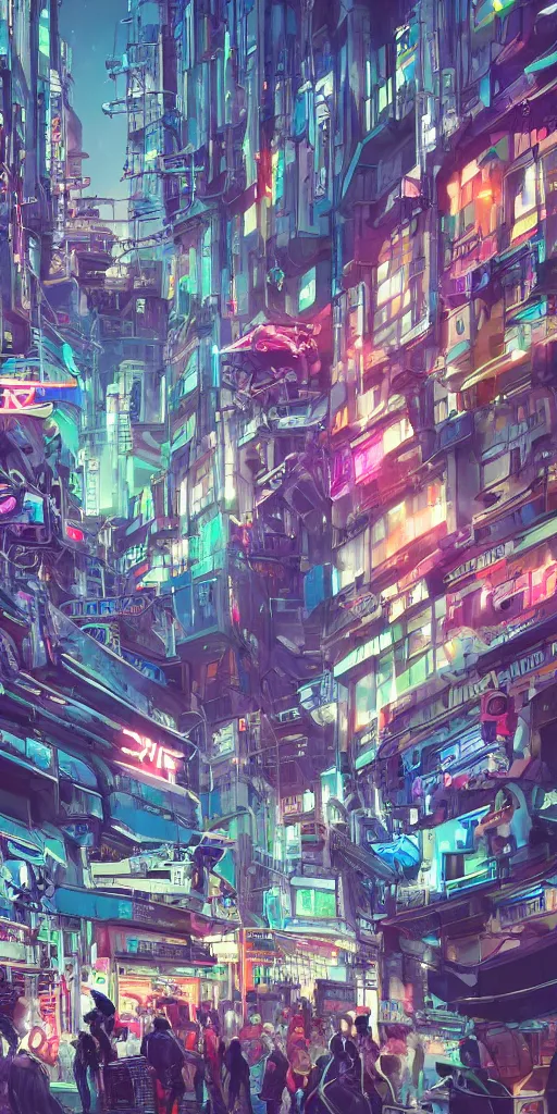 Image similar to lively futuristic sci-fi city superstructure, neon lights and illuminated windows, grungy textures and graffiti, crowds of people, cinematic street view, clean detailed 8k sci-fi illustration, trending on art station