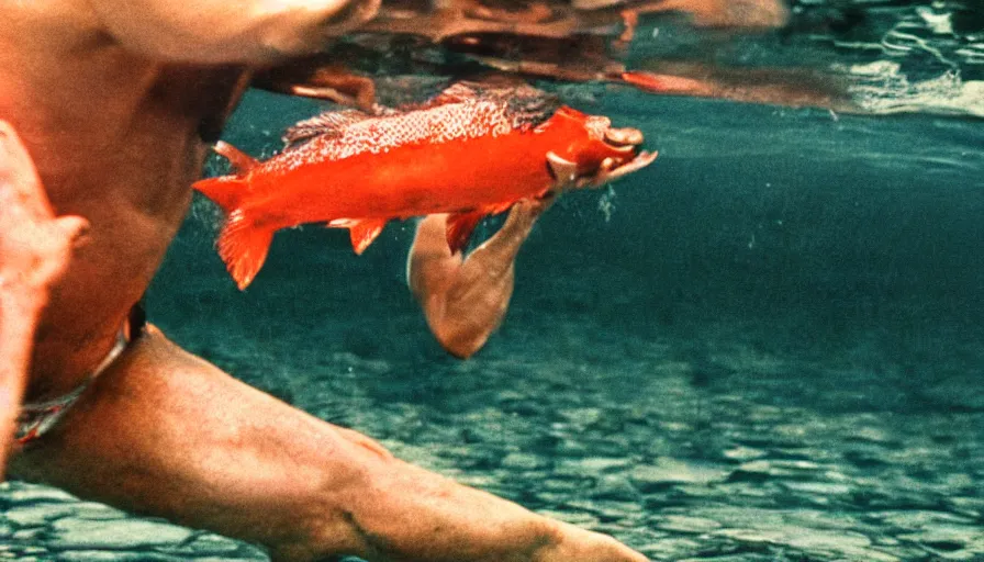 Image similar to 7 0 s movie still of putin in speedo, punching a salmon in the face, focus on face. cinestill 8 0 0 t _ 3 5 mm eastmancolor, heavy grain, high quality, high detail