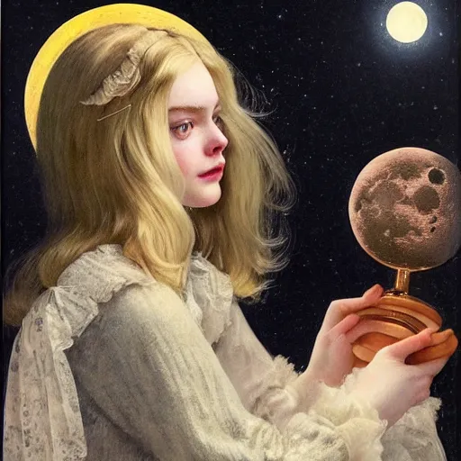 Image similar to Elle Fanning holding the moon, by Norman Rockwell, Extremely detailed. 8K. Award winning.