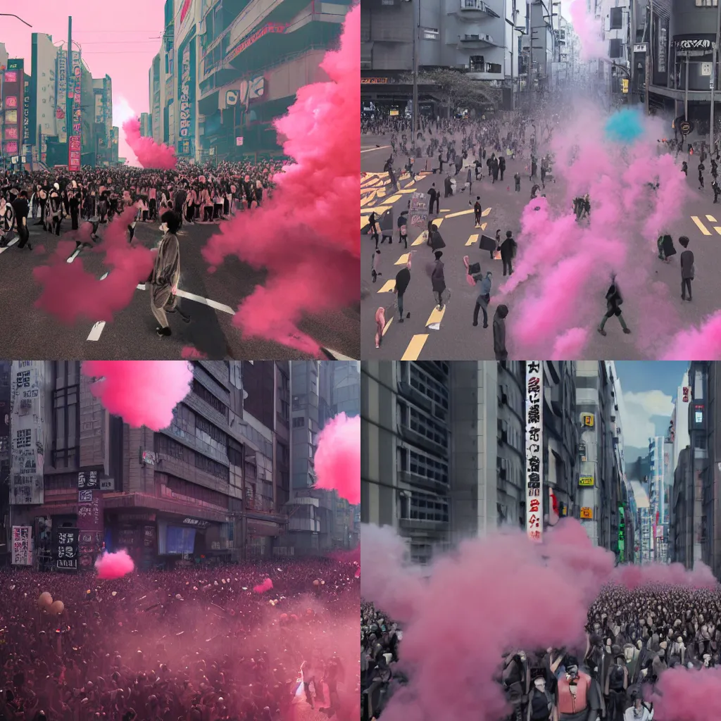 Prompt: tokyo city street protest, pink smoke grenades, protest signs, akira, neo-tokyo, 3D concept render, matte painting, cgsociety, artstation, Craig Mullins and Hiroshi Yoshida