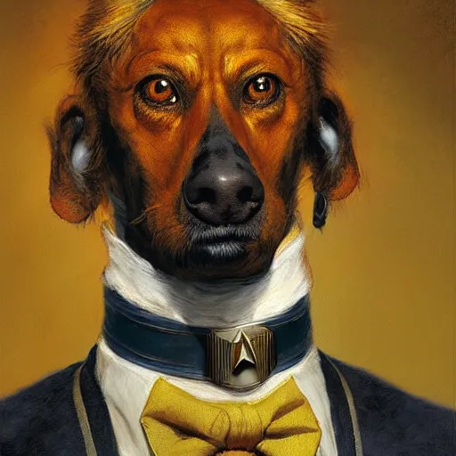 Image similar to a portrait of a bird dogman canine star trek doctor. highly detailed painting by gaston bussiere, craig mullins, j. c. leyendecker, furry