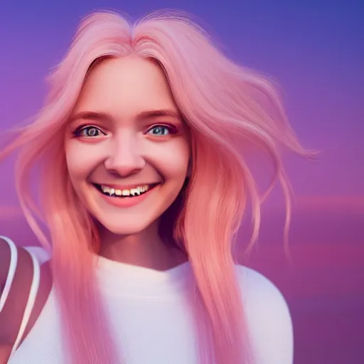 Image similar to beautiful hyperrealism selfie of a cute 3 d young woman smiling smugly, long light pink hair, flushed face, small heart - shaped face, amber eyes, golden hour, 8 k, instagram