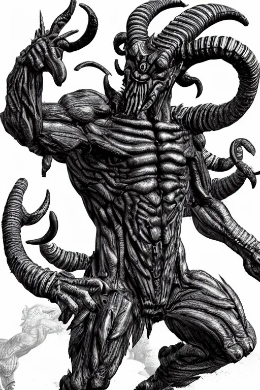 Image similar to humanoid figure monster with goat horns, highly detailed, digital art, sharp focus, trending on art station, kentaro miura manga art style