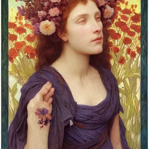 Prompt: queen of flowers, by annie swynnerton and charlie bowater and william - adolphe bouguereau, nicholas roerich and jean delville and evelyn de morgan, dramatic lighting, floral tattoos, rich colors, smooth sharp focus, extremely detailed, donato giancola, adolf wolfli