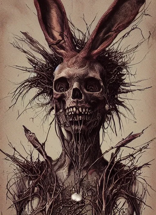 Image similar to the march hare death tarot card, highly detailed, half skull face, cinematic, 8 k, by stanley artgermm, tom bagshaw, greg rutkowski, carne griffiths, ayami kojima, beksinski, giger, trending on deviantart, hyper detailed, horror, full of colour