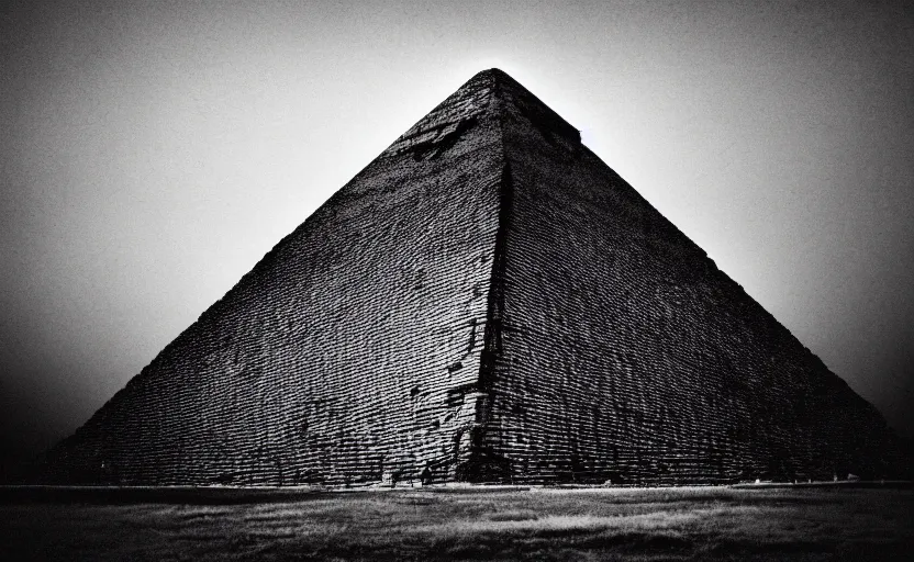 Prompt: ancient black pyramid, wood, sunrise, lomography effect, scrathes, 90s photo, unfocus, monochrome, noise effects filter