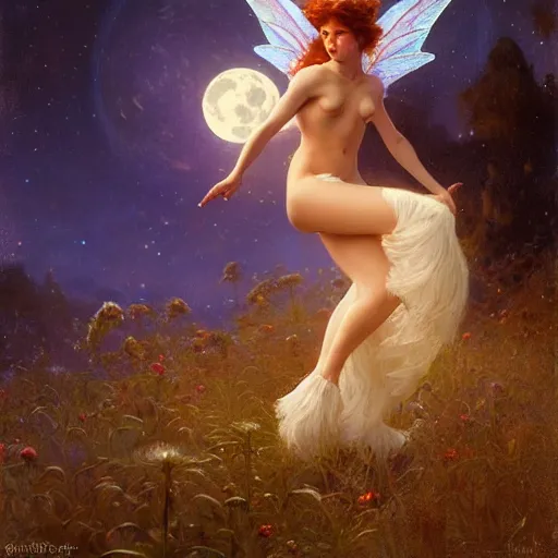 Image similar to attractive fairy magically floating high in the night, fantasy, full moon in background. highly detailed painting by gaston bussiere, craig mullins, j. c. leyendecker, mid shot, 8 k realistic, cryengine, frostbite 3 engine, sharp focus