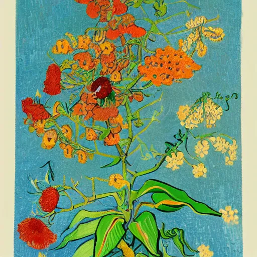 Image similar to a colorful illustration of the coffee plant and flowers, detailed patters, in the style of Japanese illustration, Van Gogh, Matisse, Caravaggio