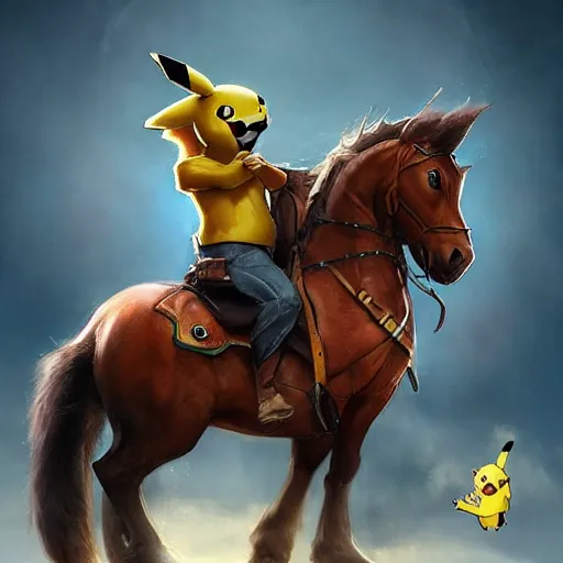 Image similar to pikachu riding a horse concept art, sharp focus, digital art, Hyper-realistic, 4K, Unreal Engine, Highly Detailed, HD, Dramatic Lighting by Brom, trending on Artstation,