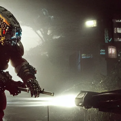 Image similar to cyberpunk rock golem as a space marine smoking a cigarette, still from the movie predator, fog, dramatic lighting, cinematic, 4 k, full body shot, backlit, rim lighting, full body photgraph, shap, football armor, cyberpunk, bladerunner, extreme detail, light rain, trending on artstation, spot light