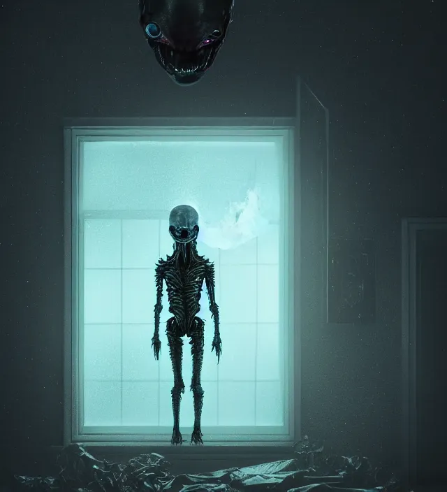 Image similar to a nightmare humanoid monster alien standing in front of a window, intricate spacesuit, moon light through the window, volumetric lighting, hyperealistic, 4 k, inspired by stephen king, inspired by lovecraft, inspired by jeffrey smith