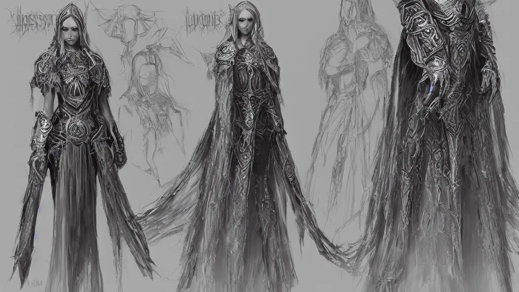 Image similar to concept art sheet, photorealistic symmetrical beautiful young female priestess with shiny hair wearing full intricate clothing, intricate, cg society, Elden Ring, darksouls, bloodborne