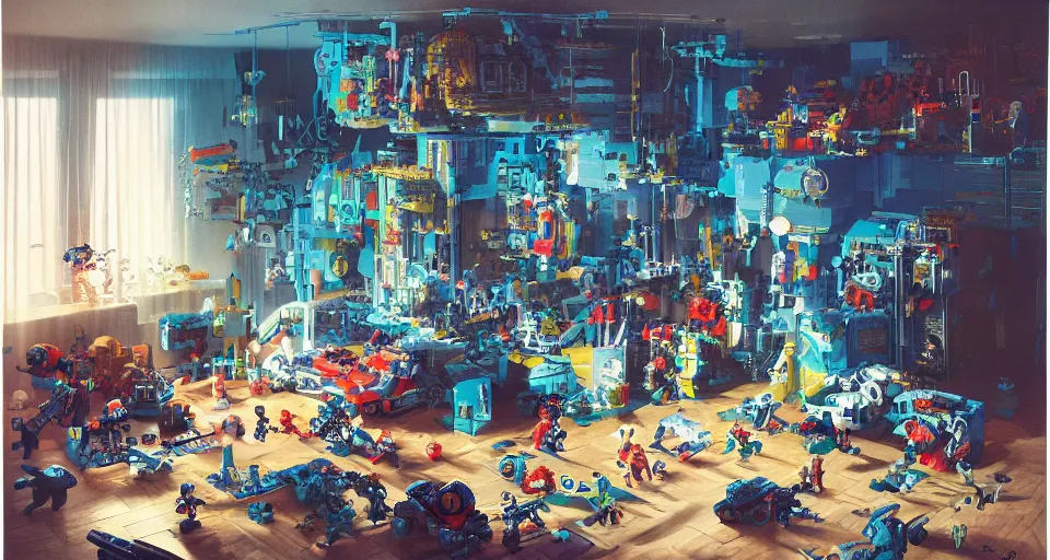 Image similar to IKEA catalogue photo, cyberpunk childrens bedroom, toys, lego, robots, drawings by Beksiński