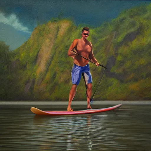 Prompt: a realistic oil paintig of a human - sized lemur on a stand up paddleboard floating down the middle of a river with cliffs on either side, digital art, highly detailed, landscape art, rule of thirds, summer lighting